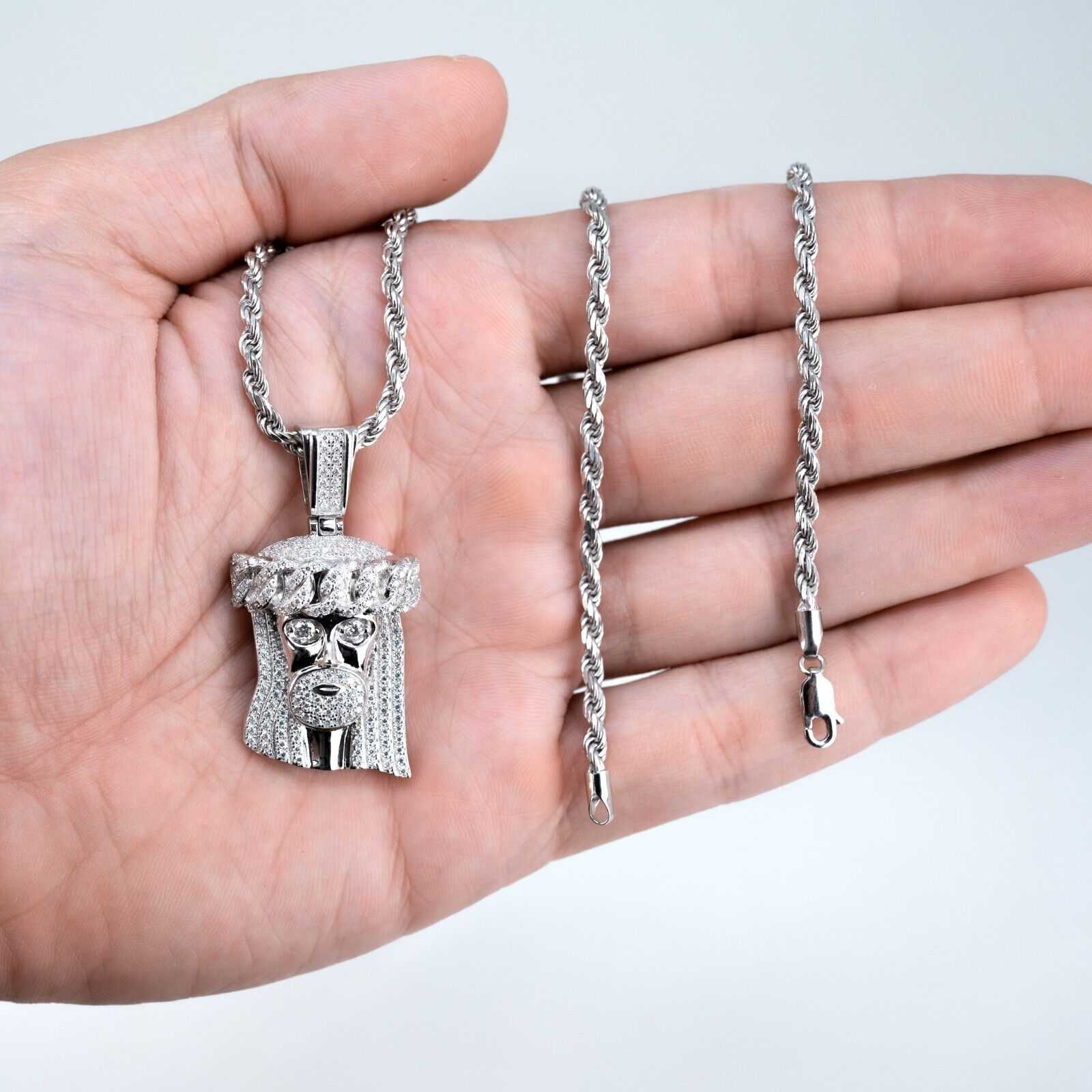 Unisex Moissanite Jesus Head Piece Pendant 3.3mm Rope Chain Necklace 925 Silver - necklaces