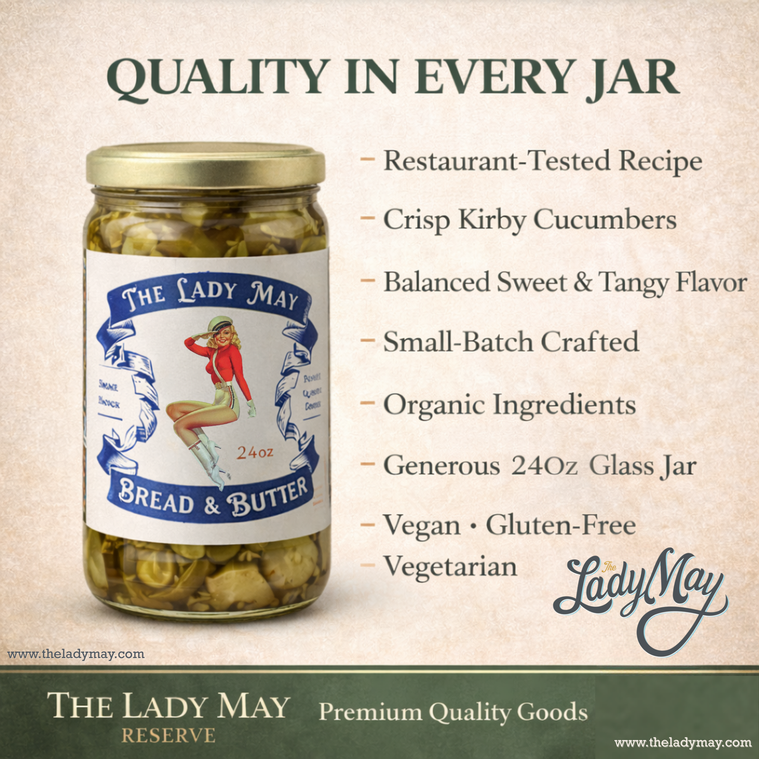 Lady May’s Bread &amp; Butter Sweet Pickles – 2 Pack (24oz Jars) – Small Batch Southern Style Sweet &amp; Tangy Kirby Cucumber Slices – Restaurant Recipe, Crisp &amp; Crunchy – Organic Ingredients by The Lady May