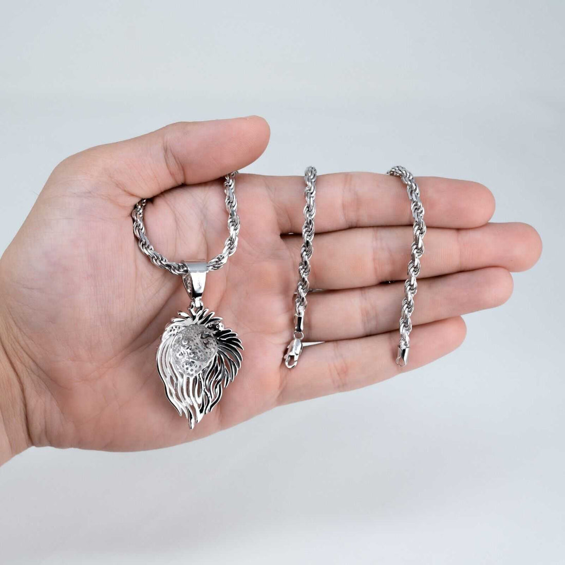 Mens 4ct Moissanite Lion Head Pendant with 4mm Rope Chain 925 Silver Necklace - DestGlow