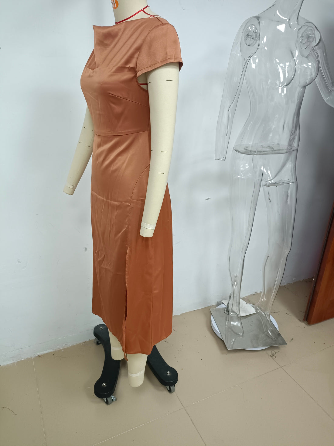 Summer Women Solid Color Swing Collar Back Twist Hollow Out Cutout Short Sleeve Mid Length Dress by Ragazza