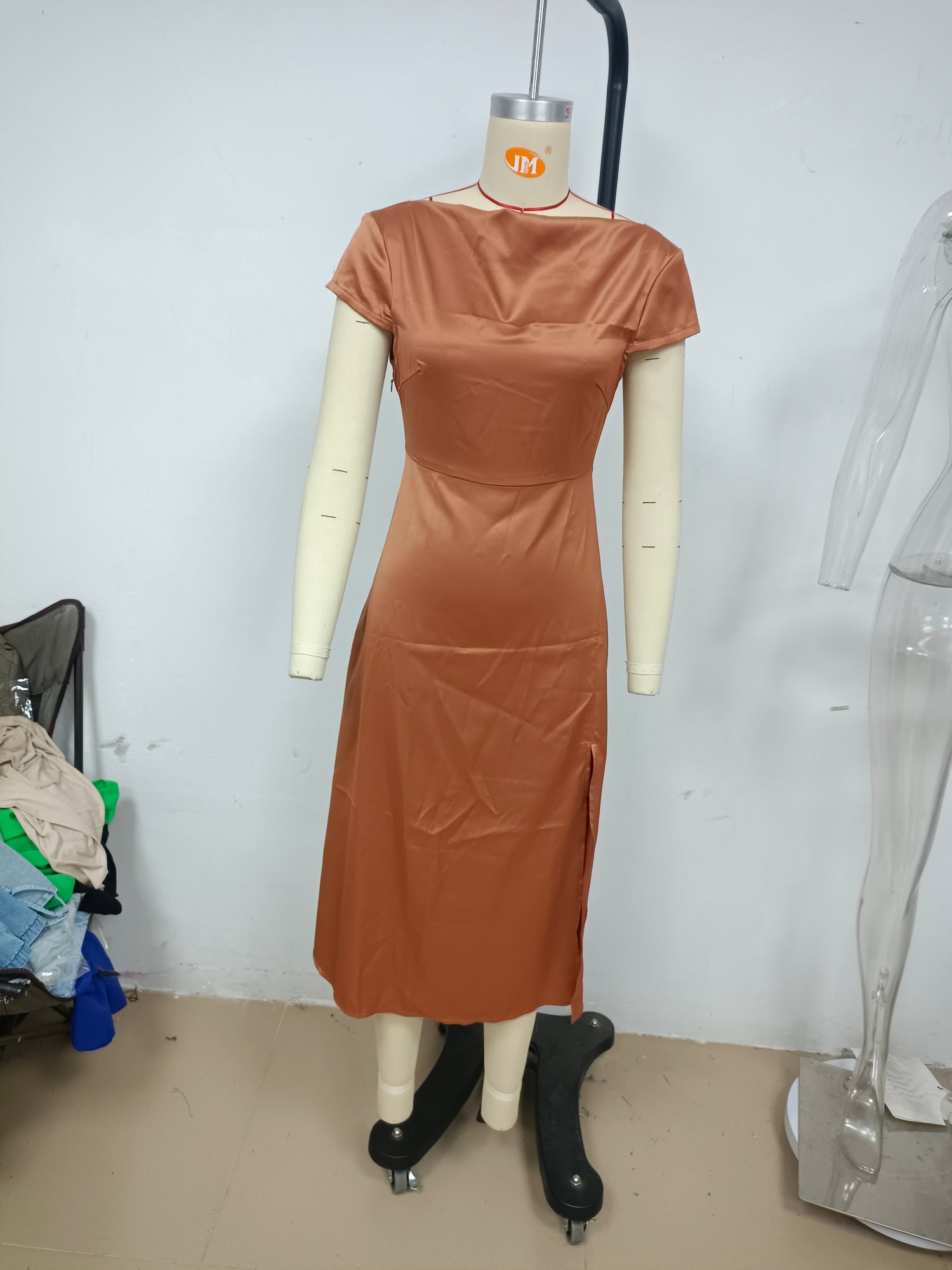 Summer Women Solid Color Swing Collar Back Twist Hollow Out Cutout Short Sleeve Mid Length Dress by Ragazza