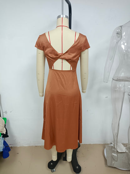 Summer Women Solid Color Swing Collar Back Twist Hollow Out Cutout Short Sleeve Mid Length Dress by Ragazza