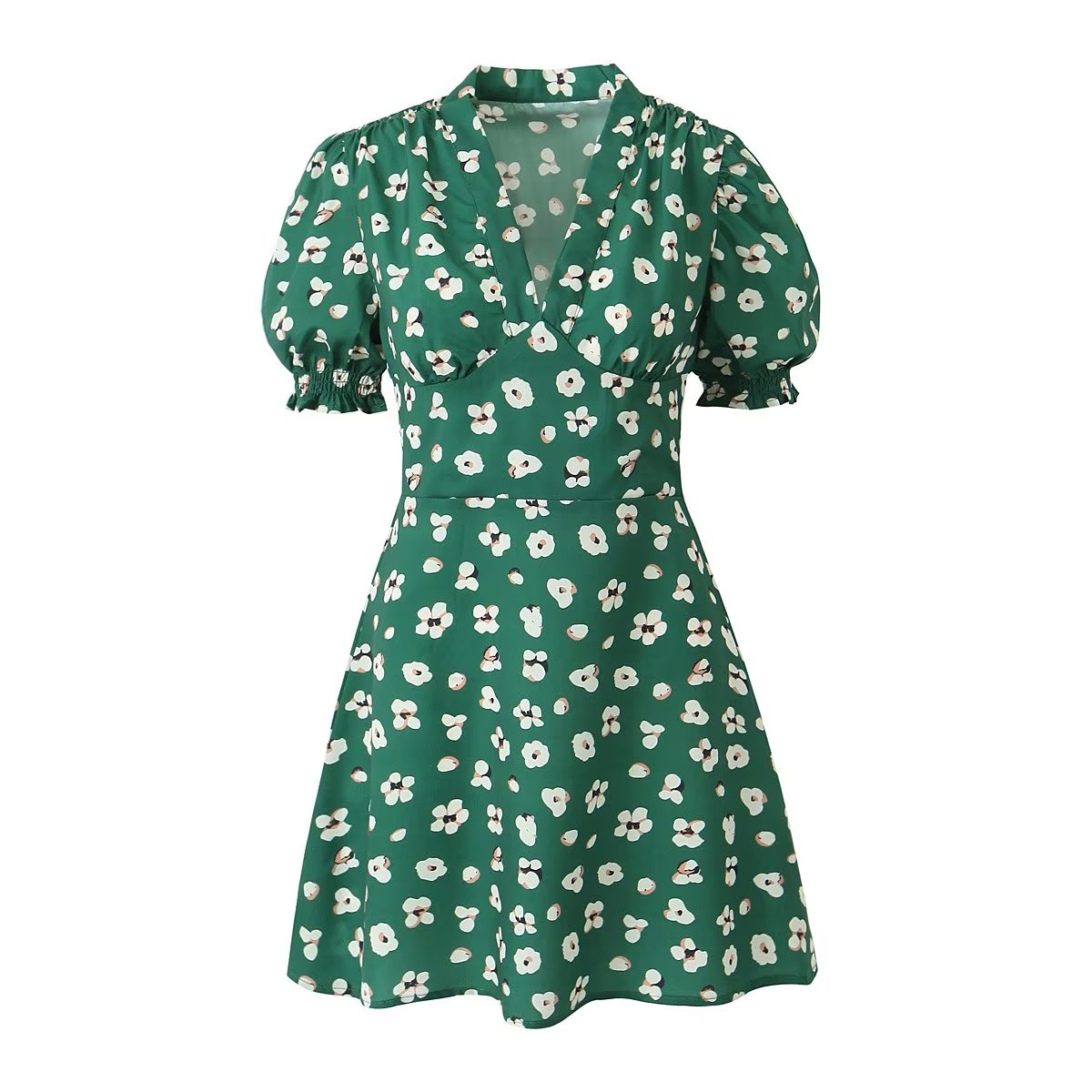 Green Shivering Short Sleeve Dress Women Summer Slim Fit V neck Slimming Tea Break by Ragazza