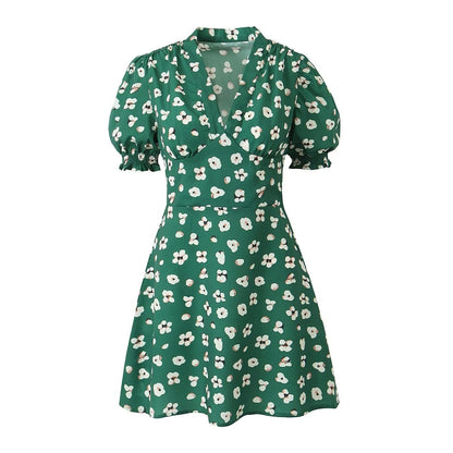 Green Shivering Short Sleeve Dress Women Summer Slim Fit V neck Slimming Tea Break by Ragazza