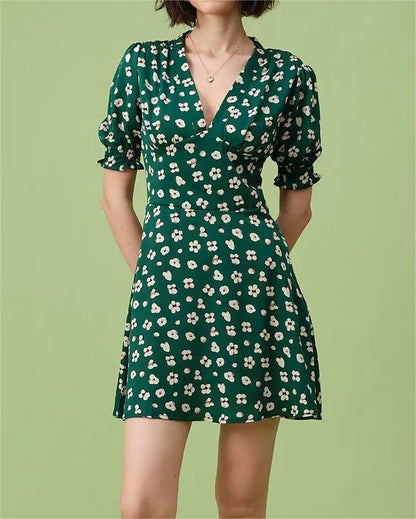 Green Shivering Short Sleeve Dress Women Summer Slim Fit V neck Slimming Tea Break by Ragazza