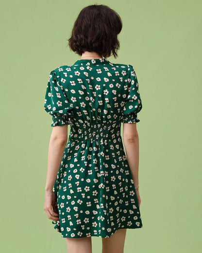 Green Shivering Short Sleeve Dress Women Summer Slim Fit V neck Slimming Tea Break by Ragazza