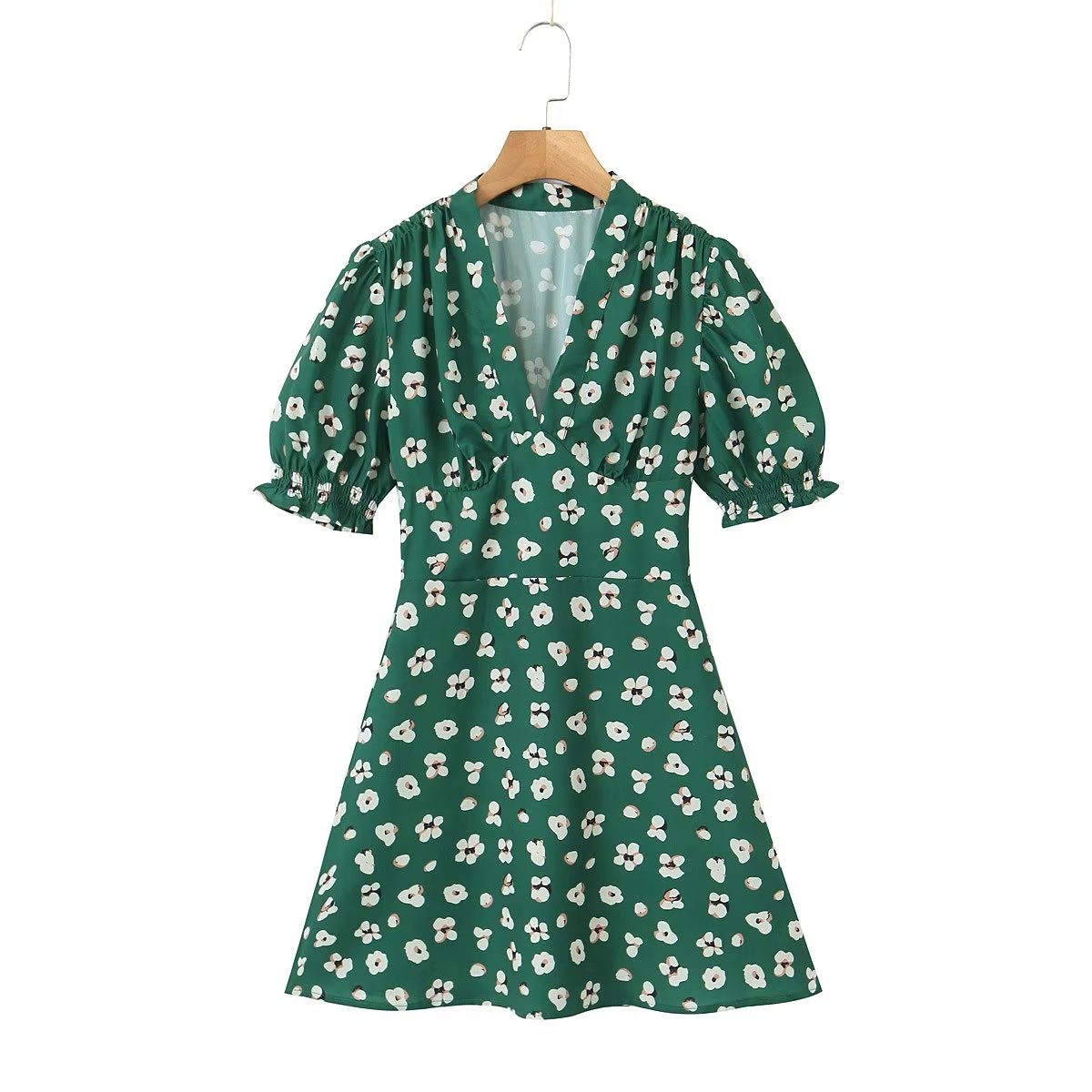 Green Shivering Short Sleeve Dress Women Summer Slim Fit V neck Slimming Tea Break by Ragazza