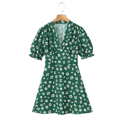 Green Shivering Short Sleeve Dress Women Summer Slim Fit V neck Slimming Tea Break by Ragazza