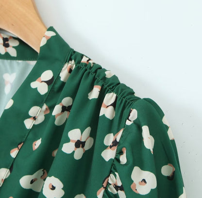 Green Shivering Short Sleeve Dress Women Summer Slim Fit V neck Slimming Tea Break by Ragazza