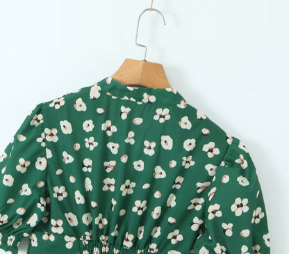 Green Shivering Short Sleeve Dress Women Summer Slim Fit V neck Slimming Tea Break by Ragazza
