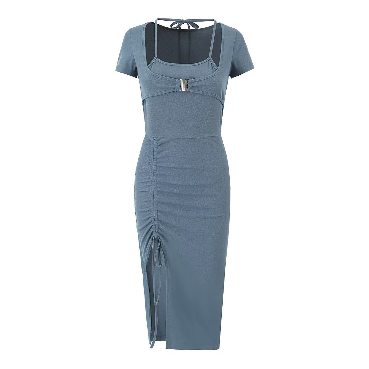 Sexy Pleated Side Split Dress Women Summer School Bag Buckle Faux Two Piece Halter Dress by Ragazza