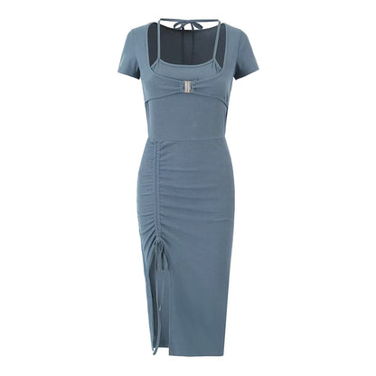 Sexy Pleated Side Split Dress Women Summer School Bag Buckle Faux Two Piece Halter Dress by Ragazza