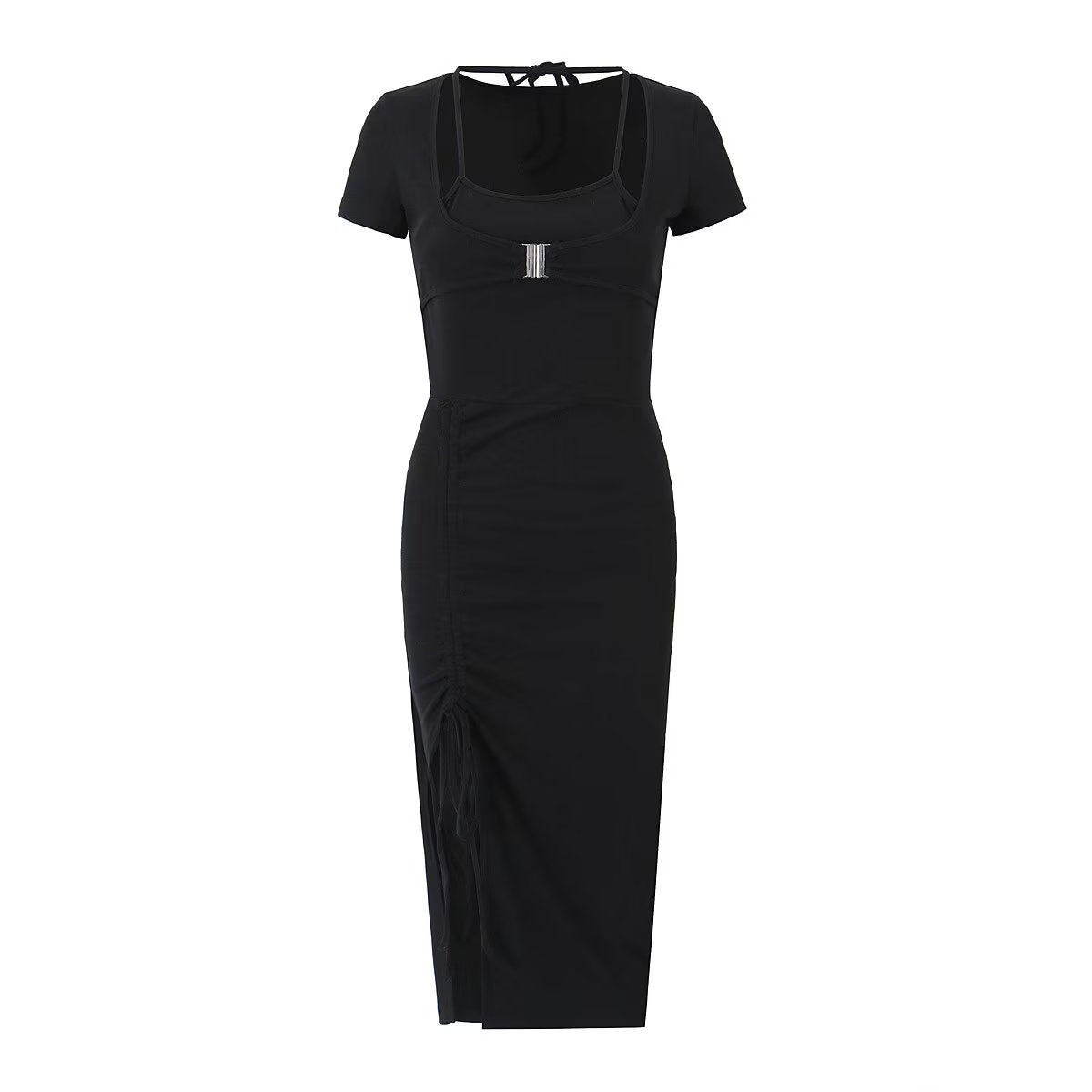 Sexy Pleated Side Split Dress Women Summer School Bag Buckle Faux Two Piece Halter Dress by Ragazza