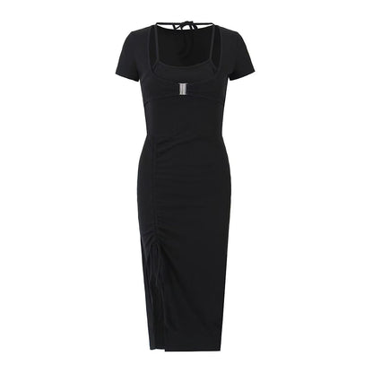 Sexy Pleated Side Split Dress Women Summer School Bag Buckle Faux Two Piece Halter Dress by Ragazza
