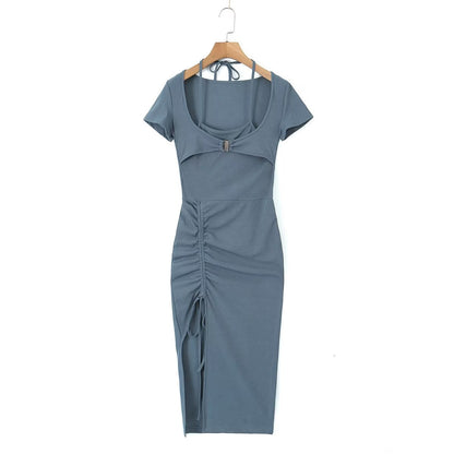 Sexy Pleated Side Split Dress Women Summer School Bag Buckle Faux Two Piece Halter Dress by Ragazza