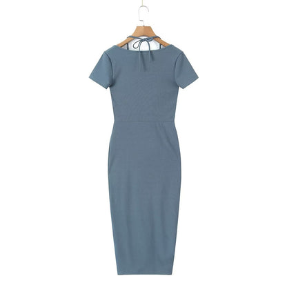 Sexy Pleated Side Split Dress Women Summer School Bag Buckle Faux Two Piece Halter Dress by Ragazza