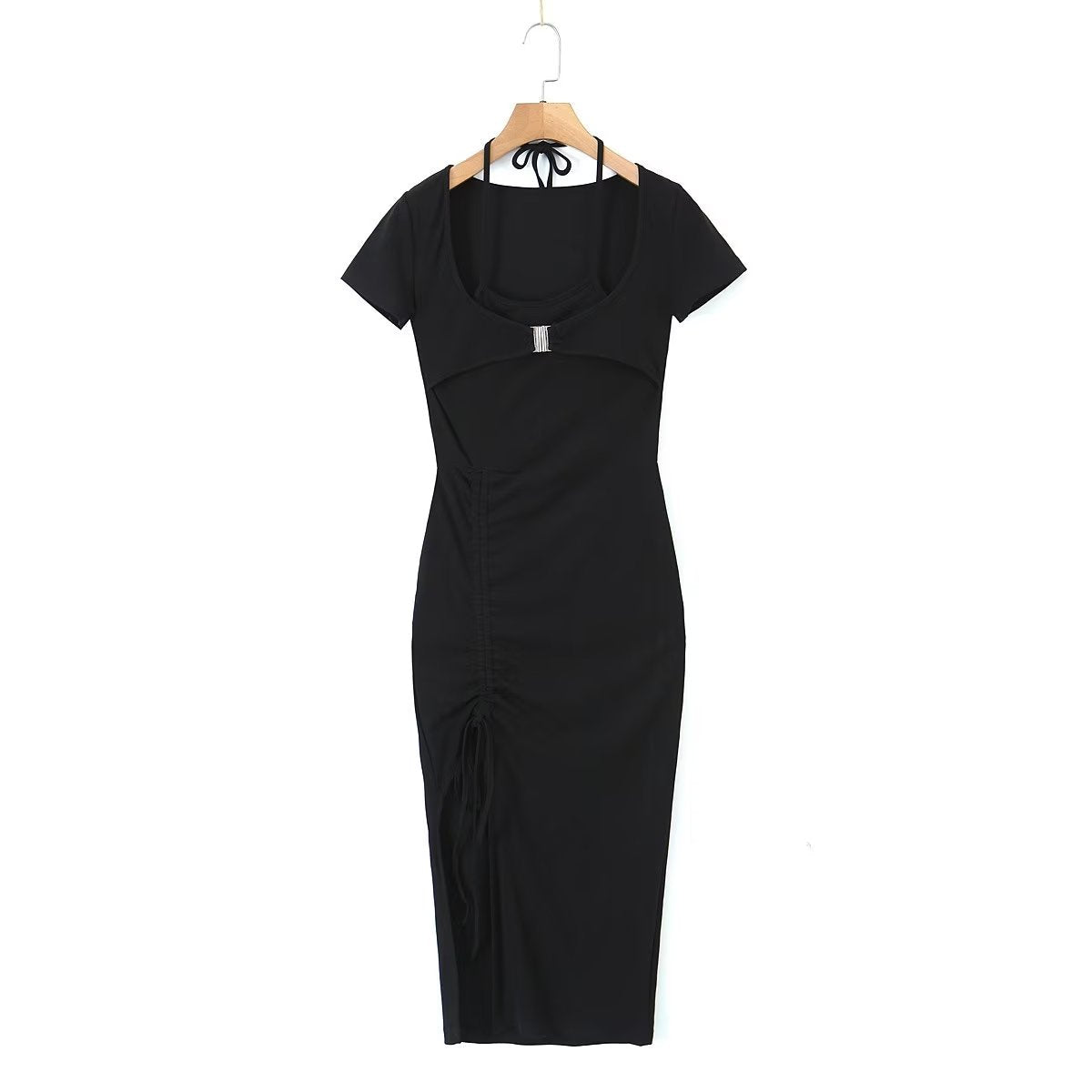 Sexy Pleated Side Split Dress Women Summer School Bag Buckle Faux Two Piece Halter Dress by Ragazza