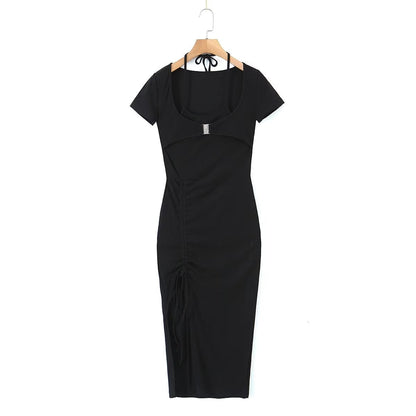Sexy Pleated Side Split Dress Women Summer School Bag Buckle Faux Two Piece Halter Dress by Ragazza
