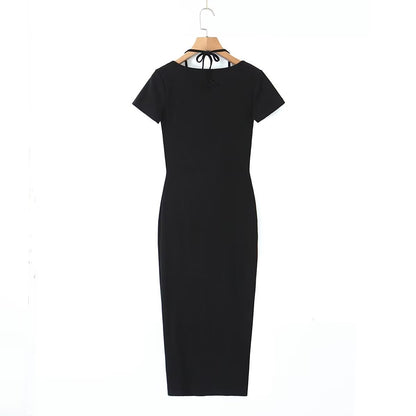 Sexy Pleated Side Split Dress Women Summer School Bag Buckle Faux Two Piece Halter Dress by Ragazza