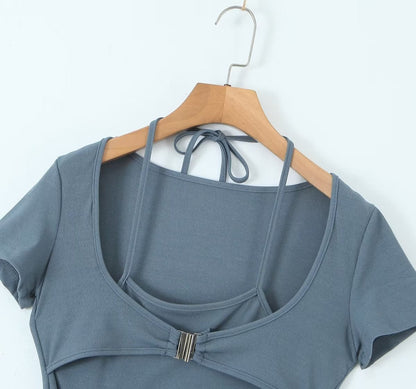 Sexy Pleated Side Split Dress Women Summer School Bag Buckle Faux Two Piece Halter Dress by Ragazza
