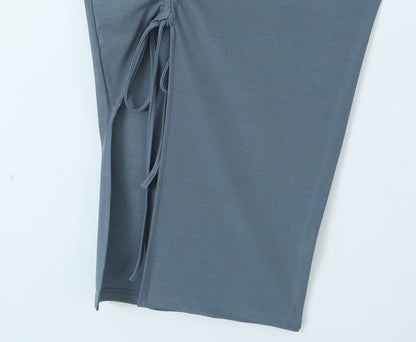 Sexy Pleated Side Split Dress Women Summer School Bag Buckle Faux Two Piece Halter Dress by Ragazza