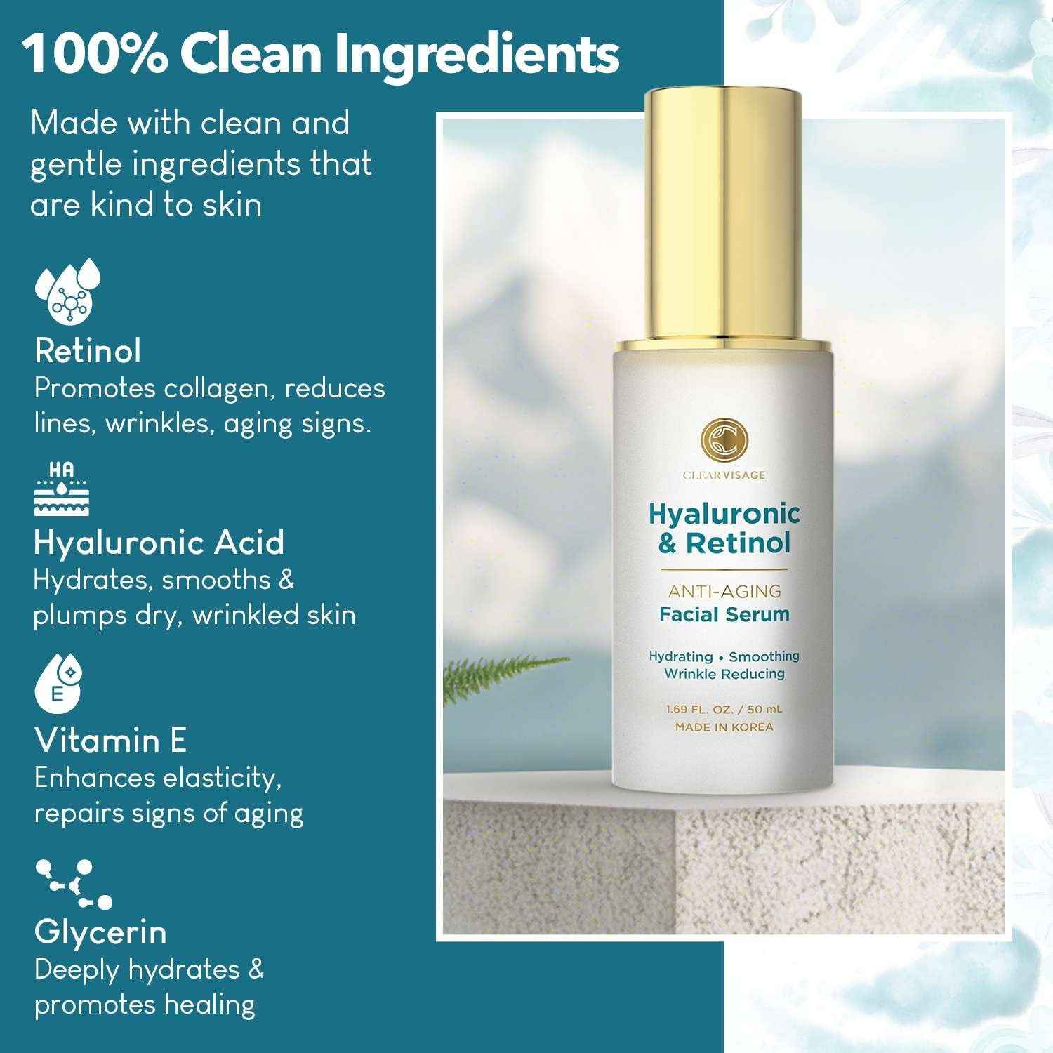 Hyaluronic Acid &amp; Retinol Serum - Revitalizing Anti-Aging, Radiant Glowing Complexion, Wrinkle Reduction - Dermatologist Tested, Korean Skin Care, Clean Beauty - 1.69 Fl. Oz