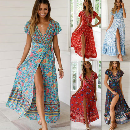 Spot Summer Casual Holiday Floral Print Dress Sexy Dress Women Clothing Wrap Dress by Ragazza
