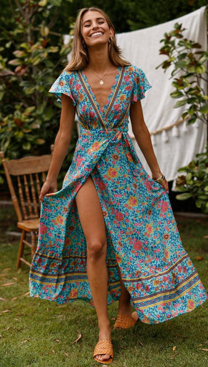Spot Summer Casual Holiday Floral Print Dress Sexy Dress Women Clothing Wrap Dress by Ragazza
