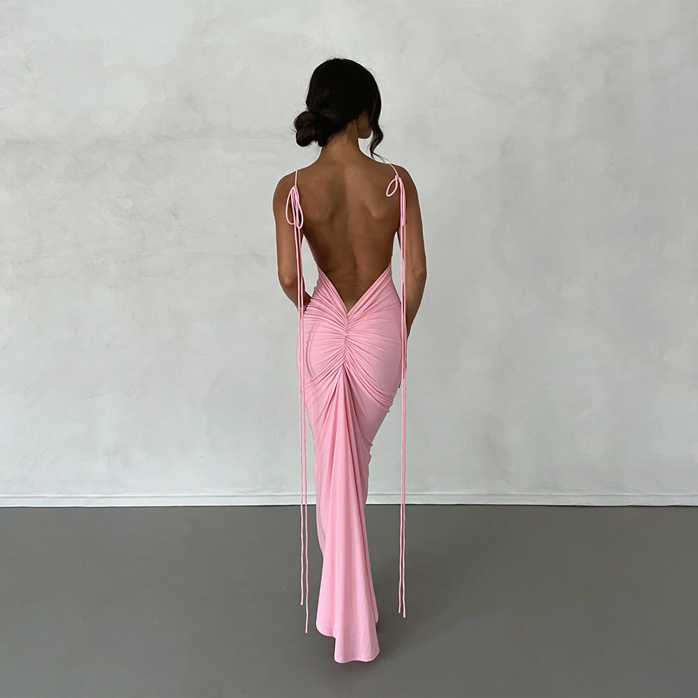 Women Sexy Dress Sexy Backless Pleated Dress Evening Dress Sleeveless Strap Dress for Women by Ragazza