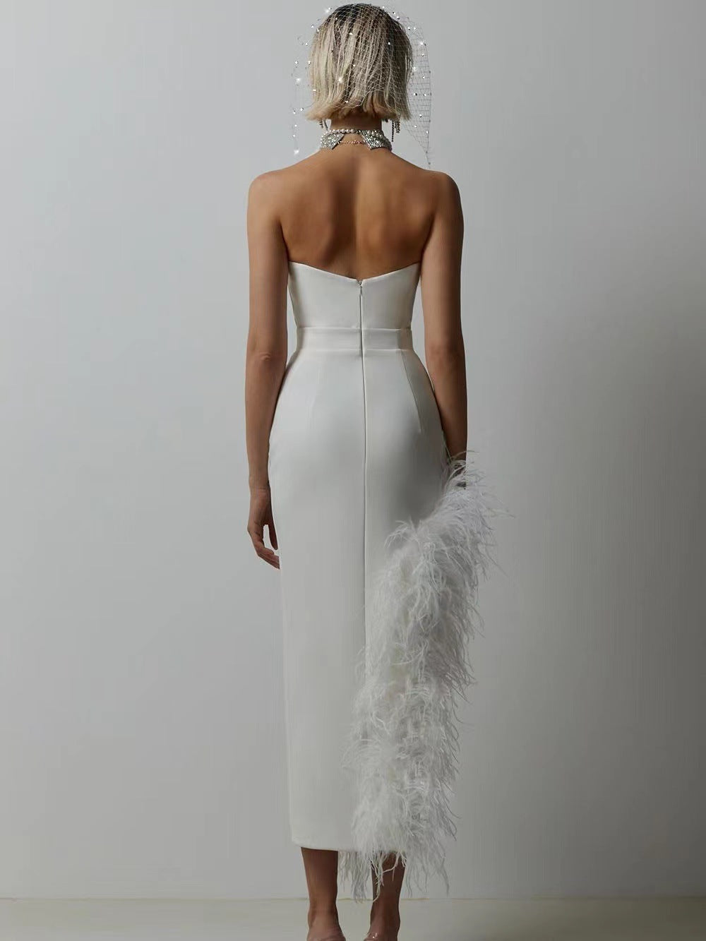 Summer High Waist Feather Split Sleeveless Tube Top Midi Dress Sexy Sweet Dress by Ragazza