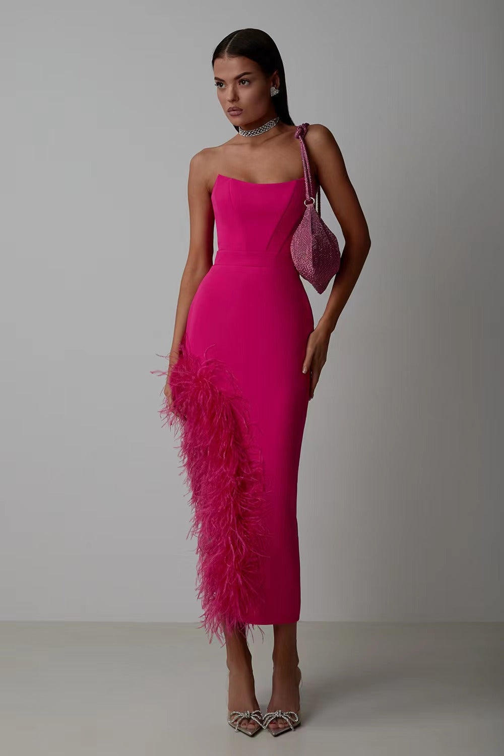 Summer High Waist Feather Split Sleeveless Tube Top Midi Dress Sexy Sweet Dress by Ragazza