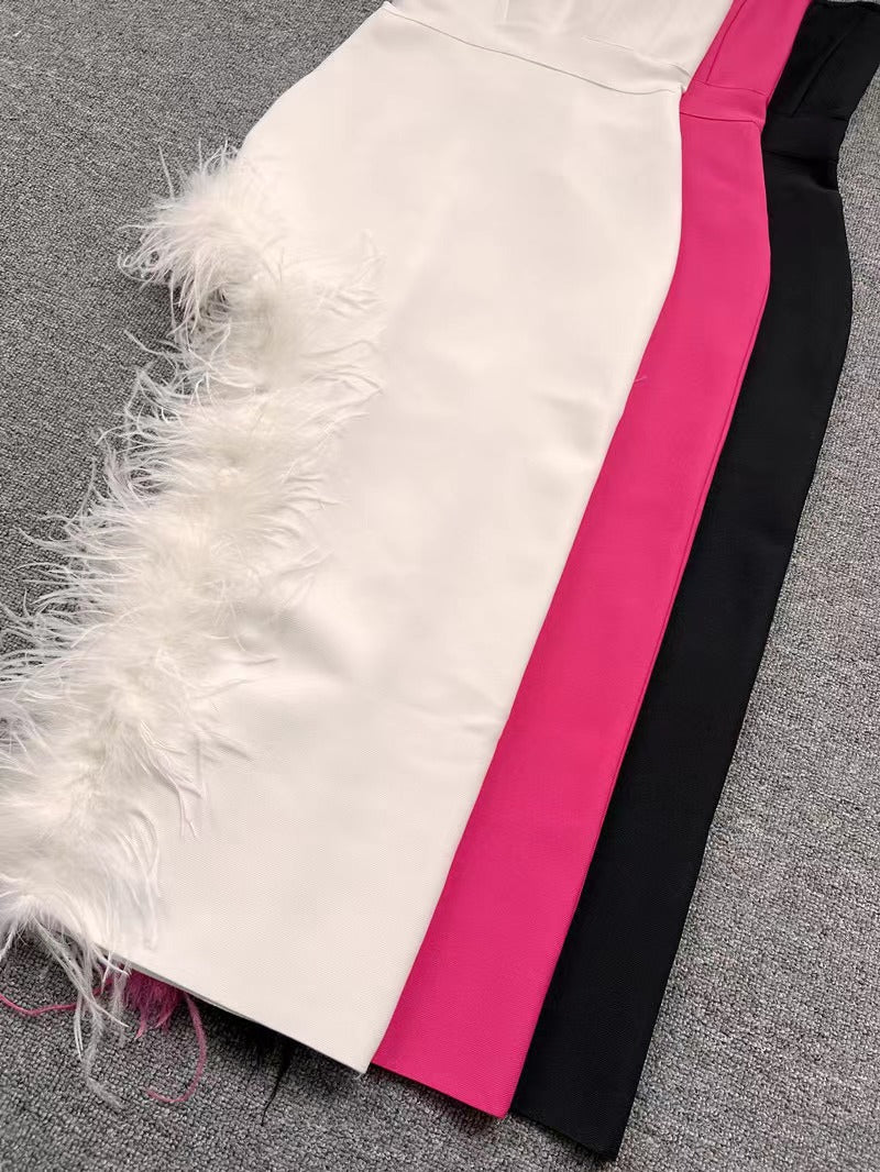 Summer High Waist Feather Split Sleeveless Tube Top Midi Dress Sexy Sweet Dress by Ragazza