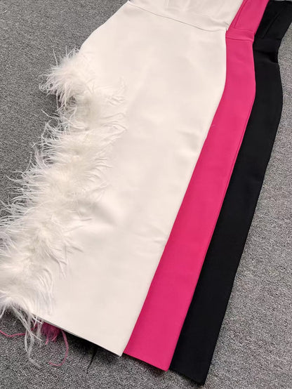 Summer High Waist Feather Split Sleeveless Tube Top Midi Dress Sexy Sweet Dress by Ragazza