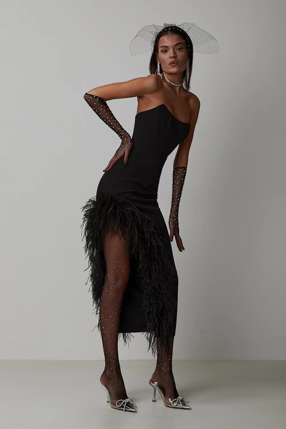 Summer High Waist Feather Split Sleeveless Tube Top Midi Dress Sexy Sweet Dress by Ragazza