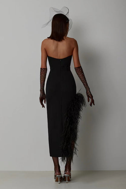 Summer High Waist Feather Split Sleeveless Tube Top Midi Dress Sexy Sweet Dress by Ragazza