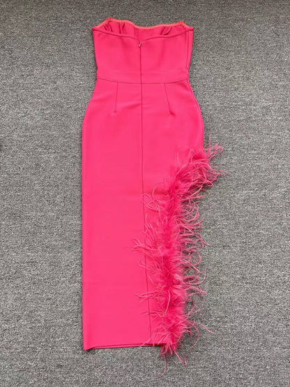 Summer High Waist Feather Split Sleeveless Tube Top Midi Dress Sexy Sweet Dress by Ragazza