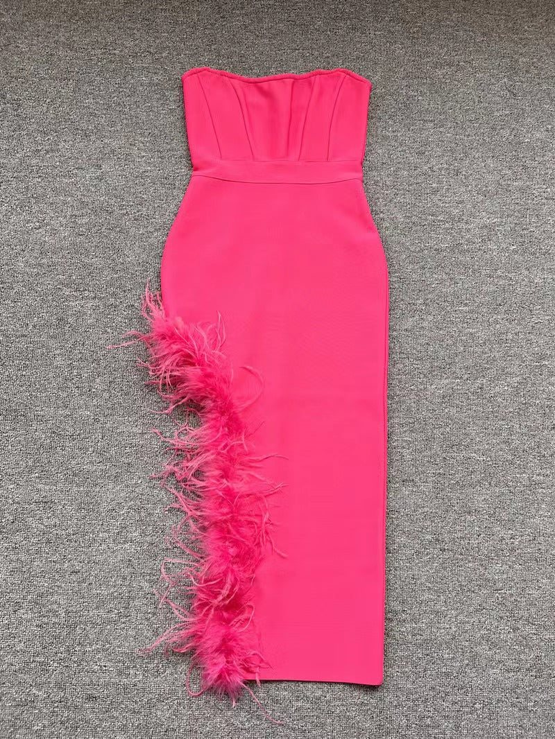Summer High Waist Feather Split Sleeveless Tube Top Midi Dress Sexy Sweet Dress by Ragazza