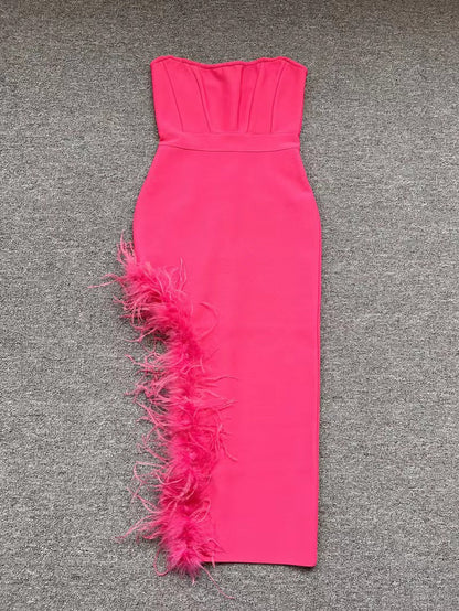 Summer High Waist Feather Split Sleeveless Tube Top Midi Dress Sexy Sweet Dress by Ragazza