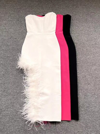 Summer High Waist Feather Split Sleeveless Tube Top Midi Dress Sexy Sweet Dress by Ragazza