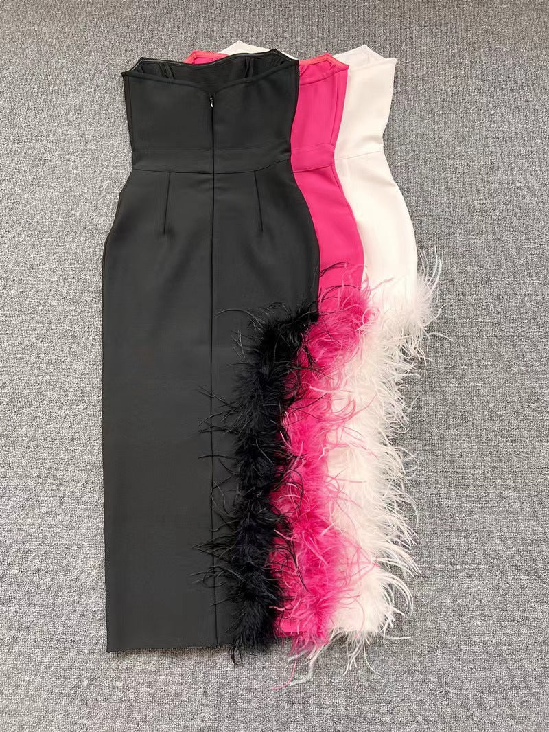 Summer High Waist Feather Split Sleeveless Tube Top Midi Dress Sexy Sweet Dress by Ragazza