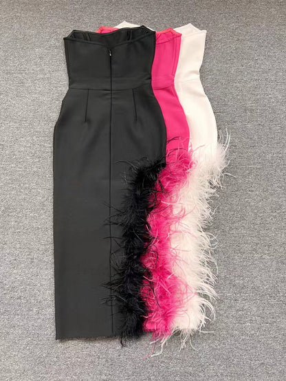 Summer High Waist Feather Split Sleeveless Tube Top Midi Dress Sexy Sweet Dress by Ragazza