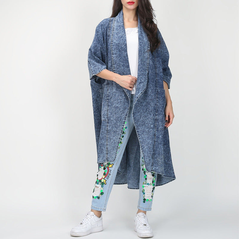 Autumn Winter Loose Lapels Half Sleeve Irregular Asymmetric Hem Long Denim Trench Coat Coat for Women by Ragazza
