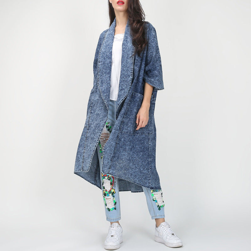 Autumn Winter Loose Lapels Half Sleeve Irregular Asymmetric Hem Long Denim Trench Coat Coat for Women by Ragazza