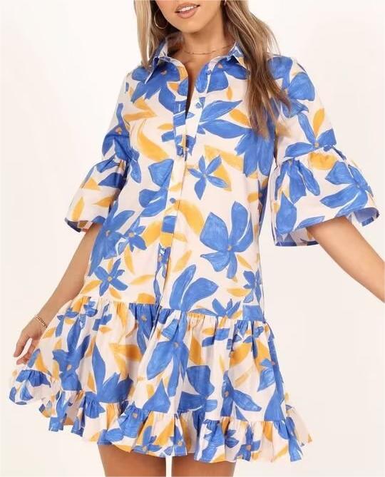 Women Spring Women Blue Big Floral Short Sleeve Dress by Ragazza