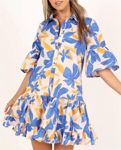 Women Spring Women Blue Big Floral Short Sleeve Dress by Ragazza