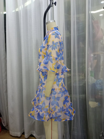 Women Spring Women Blue Big Floral Short Sleeve Dress by Ragazza
