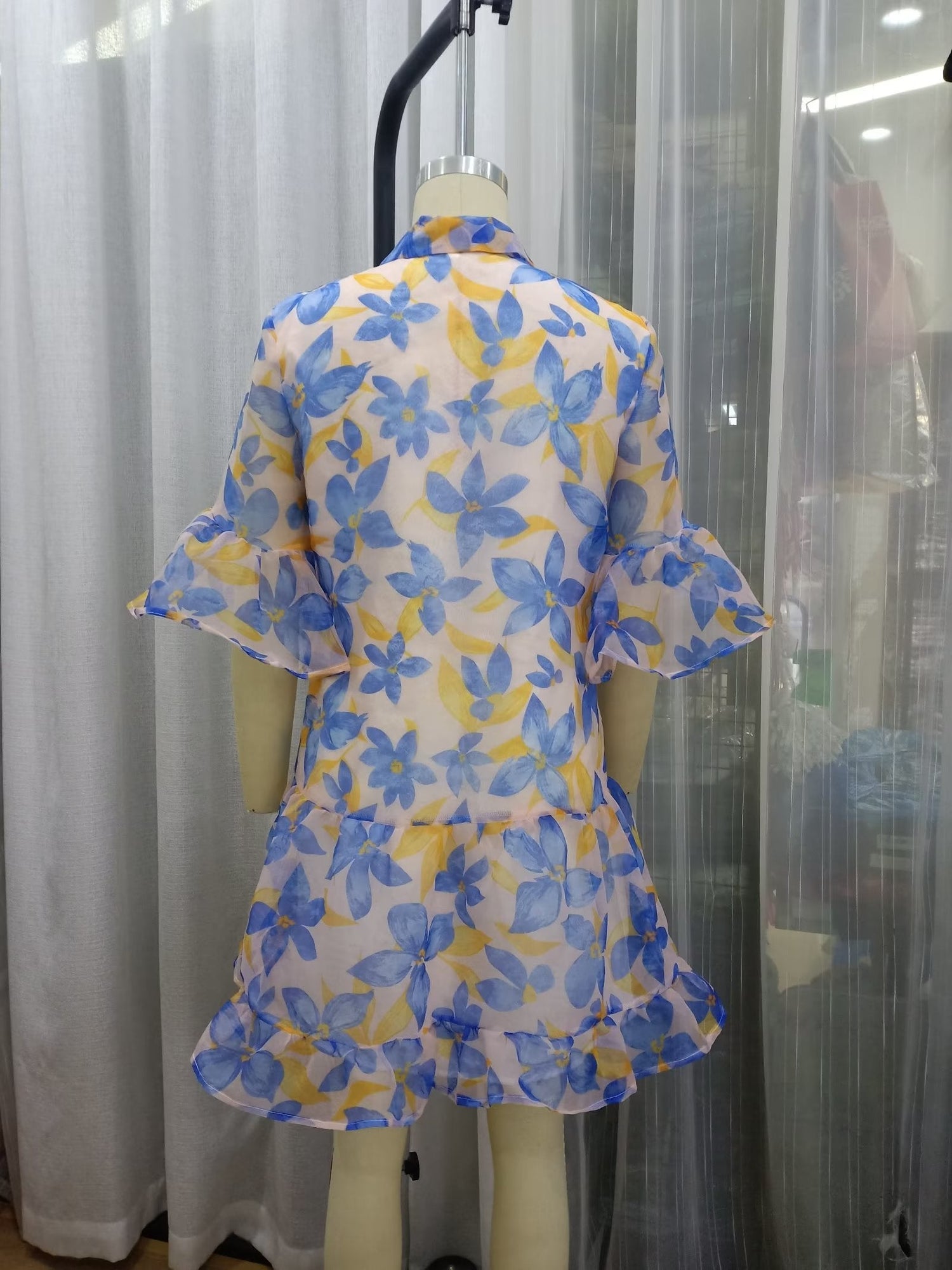 Women Spring Women Blue Big Floral Short Sleeve Dress by Ragazza
