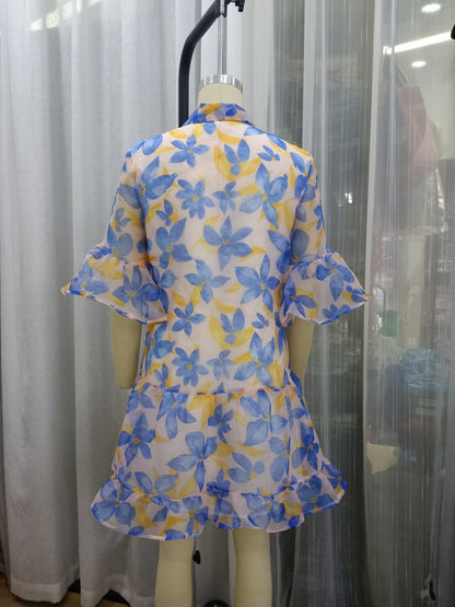 Women Spring Women Blue Big Floral Short Sleeve Dress by Ragazza