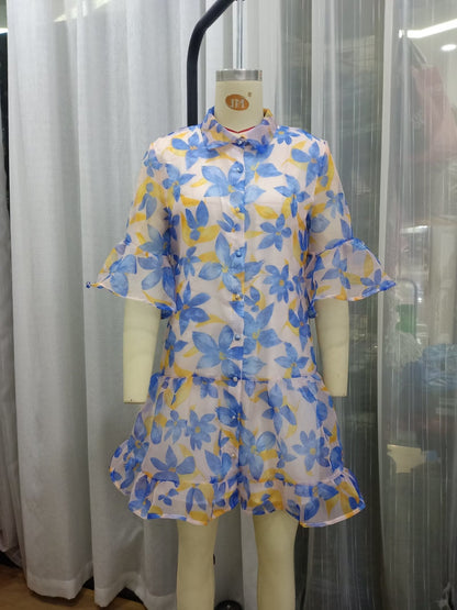 Women Spring Women Blue Big Floral Short Sleeve Dress by Ragazza