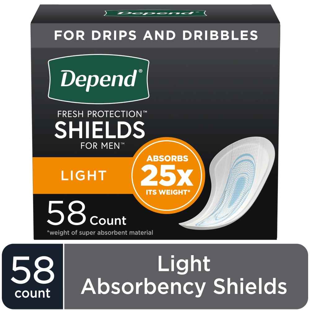 Depend Shields for Men, Incontinence Pads with Light Absorbency, 58 Count